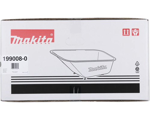 Makita Logo, Verpackung für Transportwanne 199008-0 mit schematischer Zeichnung der Wanne, Versandsymbolen und Recyclinghinweisen.