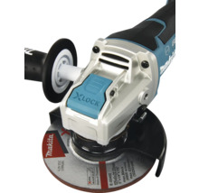 Makita Winkelschleifer mit X-LOCK Schnellwechselsystem, Seitengriff und Schleifscheibe.