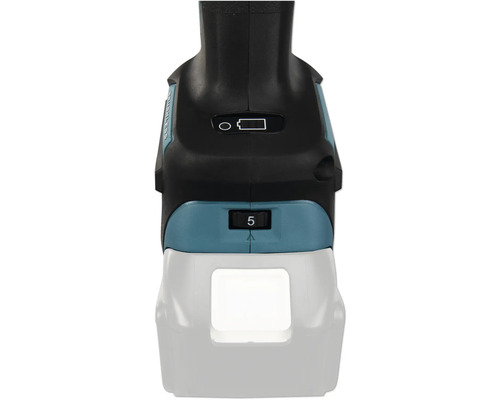 Detailansicht eines Elektrowerkzeugs mit Akku-Ladestandanzeige, Geschwindigkeitsregler auf Stufe fünf und montiertem Akku.