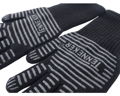 Paar schwarze Arbeitshandschuhe mit rutschfesten Streifen und Herstellerlogo