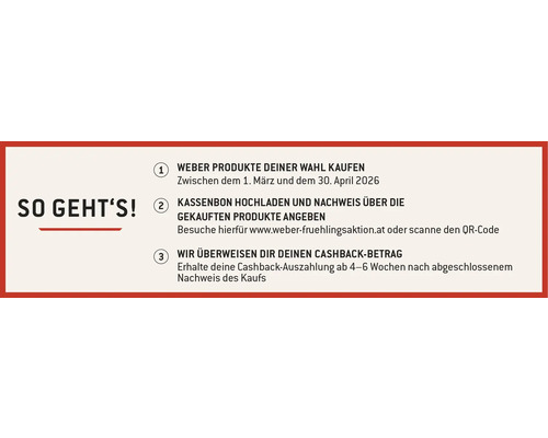 Informationen zur Weber Frühjahrsaktion für Grillprodukte: Weber Produkte kaufen, Kassenbon hochladen, Cashback erhalten
