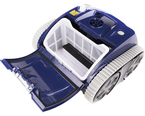 Poolroboter mit geöffnetem Filterfach zur Reinigung von Pools