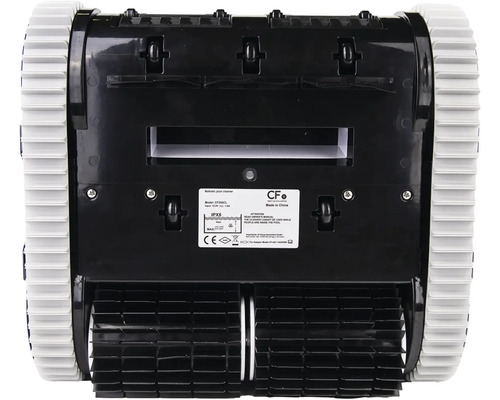 Unterseite eines Poolreinigungsroboters mit Bürsten und Raupen