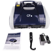 Poolroboter mit Zubehör wie Bedienungsanleitung, Haken und Ladegerät