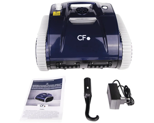 Poolroboter mit Zubehör wie Bedienungsanleitung, Haken und Ladegerät