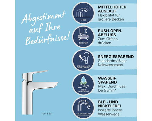 Armatur mit mittlerem Auslauf, Push-Open-Abluss, Energiesparfunktion, Wassersparfunktion, Blei- und Nickelfreiheit