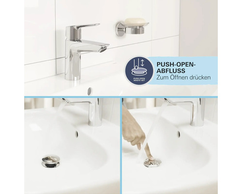 Waschtischarmatur mit Seifenschale und Push-Open-Ablaufgarnitur im Badezimmer