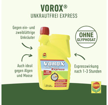 Vorox Unkrautfrei Express Unkrautvernichter in einer gelben Flasche mit rotem Deckel