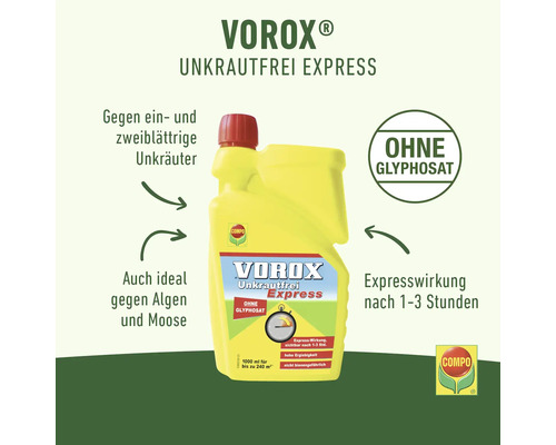 Vorox Unkrautfrei Express Unkrautvernichter in einer gelben Flasche mit rotem Deckel