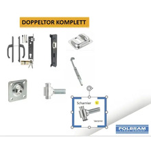 Komplettes Zubehörset für Doppeltore mit Drückergarnitur, Schloss, Zylinder, verzinkten Scharnieren und Toranschlag. Polbram Steel Group Logo.