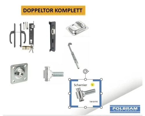 Komplettes Zubehörset für Doppeltore mit Drückergarnitur, Schloss, Zylinder, verzinkten Scharnieren und Toranschlag. Polbram Steel Group Logo.