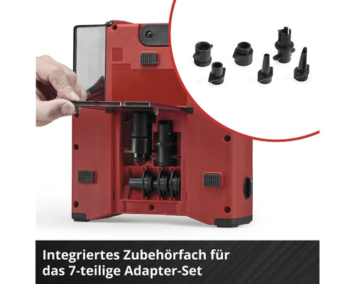 Integriertes Zubehörfach für das 7-teilige Adapterset.