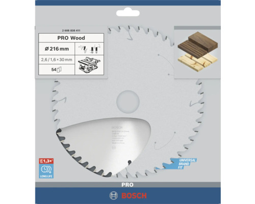 Bosch Kreissägeblatt PRO Wood für Holz, Durchmesser 216 Millimeter, 54 Zähne, Bohrung 30 Millimeter, hohe Lebensdauer, universell passend, Bosch Logo.