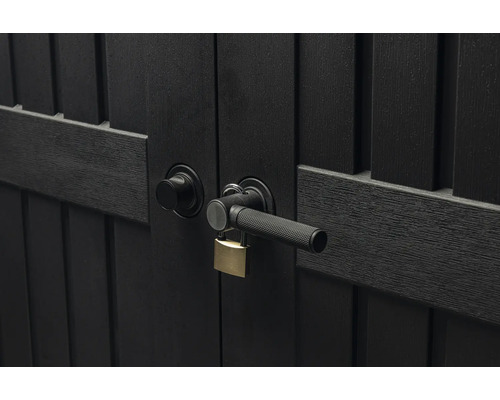 Detailaufnahme einer dunklen Gartentür mit Schloss und Griff