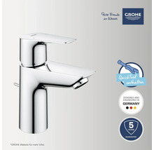 Grohe Waschtischarmatur in Chrom inklusive Montagewerkzeug, Qualität aus Deutschland mit fünf Jahren Garantie. Grohe Logo.