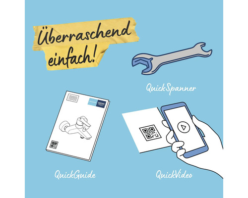 Installationshilfen: QuickSpanner Werkzeug, Grohe QuickGuide mit Grohe Logo und QR-Code-Scan für QuickVideo. Überraschend einfach.