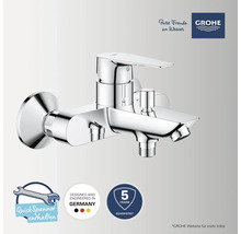 Grohe Logo. Grohe Einhand-Wannenbatterie für Wandmontage, Umsteller, Brauseabgang, 5 Jahre Garantie, in Deutschland entwickelt, Montageschlüssel.