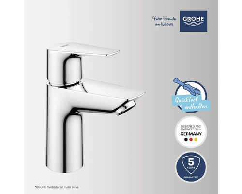 Grohe Waschtischarmatur in Chrom-Optik, Einhandmischer mit QuickTool, entwickelt in Deutschland, 5 Jahre Garantie. Grohe Logo.