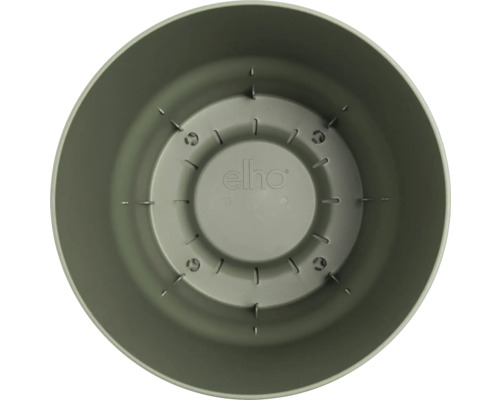 Draufsicht in einen runden, grünen Elho Kunststoff-Blumentopf.