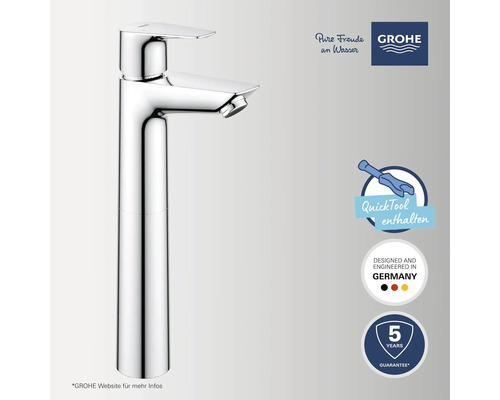 Grohe Logo, Waschtischarmatur mit hohem Auslauf in Chrom, Einhebelmischer inklusive Montagewerkzeug, hergestellt in Deutschland, fünf Jahre Garantie.