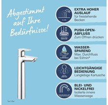 Hohe Waschtischarmatur in Chrom mit extra hohem Auslauf, Push-Open-Ablauf, Wassersparfunktion, langlebiger Kartusche und bleifreien Wasserwegen.