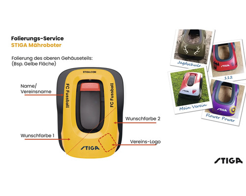 Folierungs-Service für STIGA Mähroboter zur individuellen Gestaltung des Gehäuses mit Namen, Vereinslogos und Wunschfarben sowie STIGA Logo.