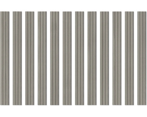 Wandpaneel mit vertikalen Lamellen in Holzoptik.