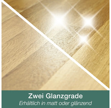 Vergleich von zwei Glanzgraden auf einem Holzfußboden, erhältlich in matt oder glänzend.