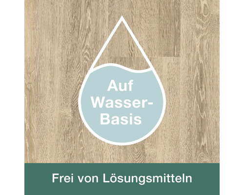 Symbol für wasserbasiert und frei von Lösungsmitteln auf Holzmaserung.