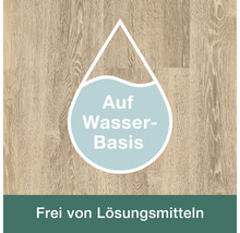 Symbol für wasserbasiert und frei von Lösungsmitteln auf Holzmaserung.