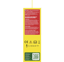 Rückseite einer elektronischen Mäusefalle mit Anwendungshinweisen, Sicherheitssymbolen, Batterieangaben 4 mal 1,5 Volt AA und seezon Logo mit QR-Code.