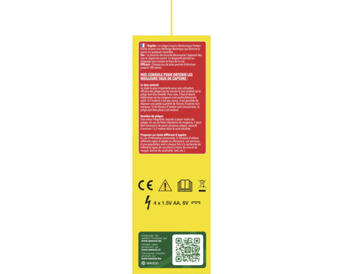 Rückseite einer elektronischen Mäusefalle mit Anwendungshinweisen, Sicherheitssymbolen, Batterieangaben 4 mal 1,5 Volt AA und seezon Logo mit QR-Code.
