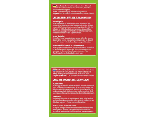 Informationstext zu einer elektronischen Rattenfalle mit Vorteilen und Anwendungstipps auf Deutsch und Niederländisch.
