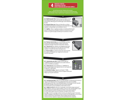 Infografik mit 4 einfachen Schritten zur Anwendung einer Rattenfalle: Beködern, Platzieren, Scharfschalten und Entsorgung der Ratte.