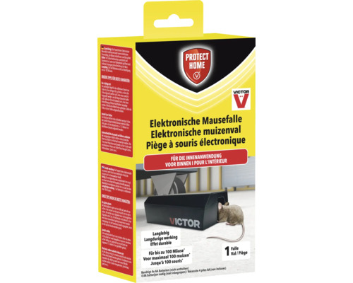 Schwarze Victor Protect Home elektronische Mausefalle für die Innenanwendung, batteriebetrieben für bis zu 100 Mäuse.