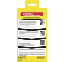 Rückseite der Verpackung einer Mausefalle mit einer Anleitung in 4 einfachen Schritten auf Deutsch, Niederländisch und Französisch.