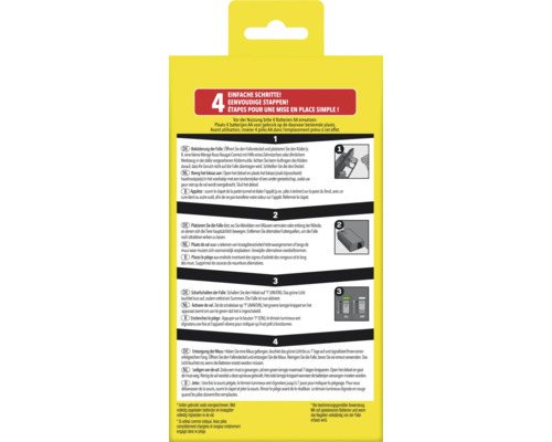 Rückseite der Verpackung einer Mausefalle mit einer Anleitung in 4 einfachen Schritten auf Deutsch, Niederländisch und Französisch.