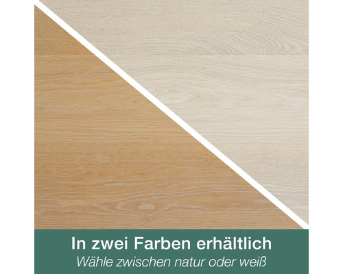 Zwei Varianten einer Holzoberfläche, verfügbar in natur und weiß.