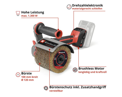 Einhell Akku-Oberflächenbürste mit bürstenlosem Motor, verstellbarem Zusatzhandgriff, Drehzahlelektronik, 1300 Watt Leistung und 100 Millimeter Bürste.