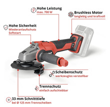 Akku-Winkelschleifer mit bürstenlosem Motor, 700 Watt Leistung, werkzeuglosem Scheibenschutz und 33 Millimeter Schnitttiefe.