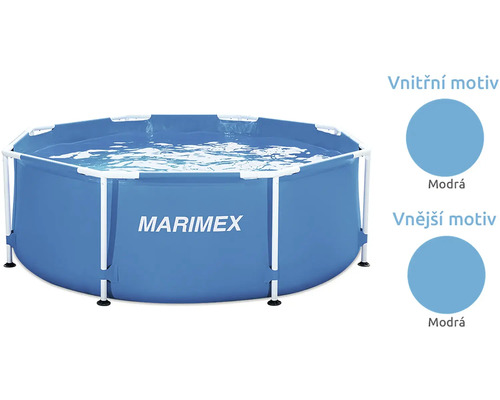 Runder Marimex Rahmenpool mit blauem Innen- und Außenmotiv.