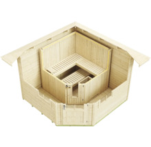 Draufsicht eines hölzernen Gartenhauses mit integrierter Ecksauna inklusive Saunabänken.