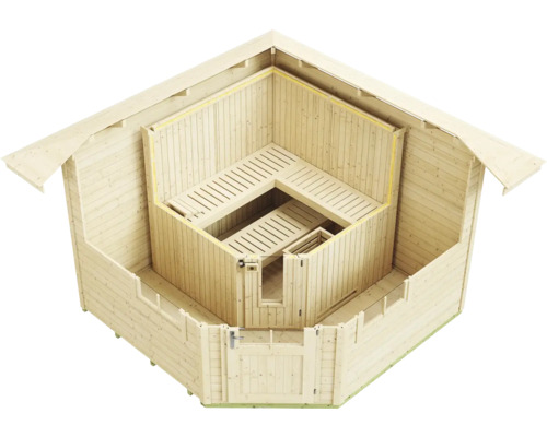 Draufsicht eines hölzernen Gartenhauses mit integrierter Ecksauna inklusive Saunabänken.