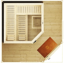 Draufsicht einer Sauna aus Holz mit Eckbank, zwei Liegeflächen, Kopfstützen und Vorraum mit Fußmatte.