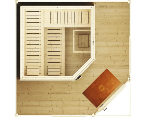 Draufsicht einer Sauna aus Holz mit Eckbank, zwei Liegeflächen, Kopfstützen und Vorraum mit Fußmatte.