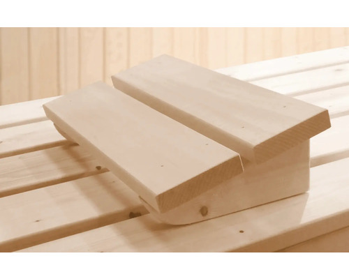 Ergonomische Kopfstütze aus hellem Holz für die Sauna.