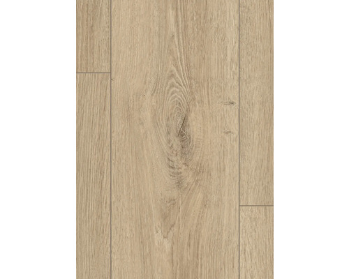 Laminatboden in Eichenoptik mit Landhausdielen-Struktur, sichtbarer Maserung und V-Fuge.