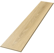 Einzelne Bodenplanke in heller Holzoptik mit sichtbarer Klick-Verbindung.