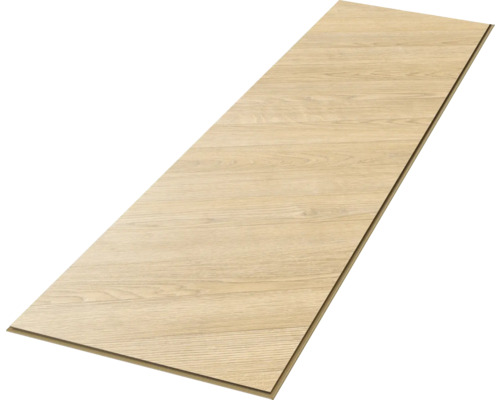 Einzelnes Bodenpaneel in heller Eichenoptik mit sichtbarer Holzmaserung und Klickverbindung.