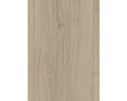 Laminatboden mit Eichenholzmaserung und sichtbarem Astloch.